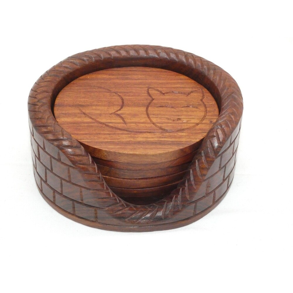 Wood Coasters Cat Kitten Set of 6 Stackable Cat Bed Holder - Carved Decor India